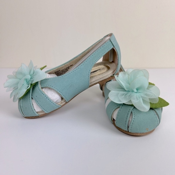Joyfolie | Flower Embellished Chiffon Tulle Blue Open Toe Ballet Shoes | Girls 6 - Picture 1 of 7